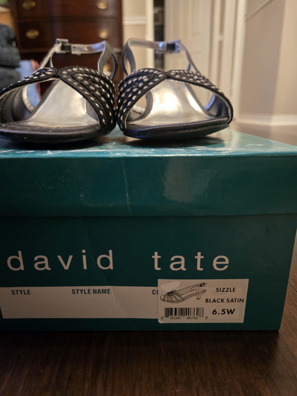David Tate Black Satin Open-Toe T-Strap Heels with Crystal Detailing